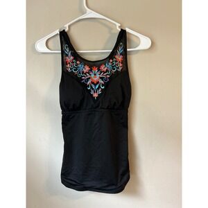 Y2kAPT. 9‎ Black Embroidered Tankini Swim Top Crisscross Back Built-In Bra